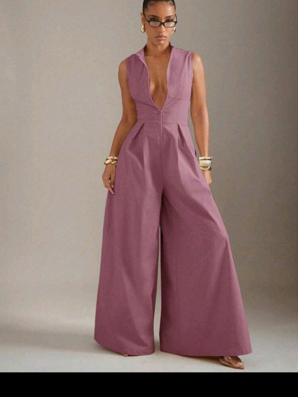 Sleeveless Deep-V Wide Leg Jumpsuit - Mauve